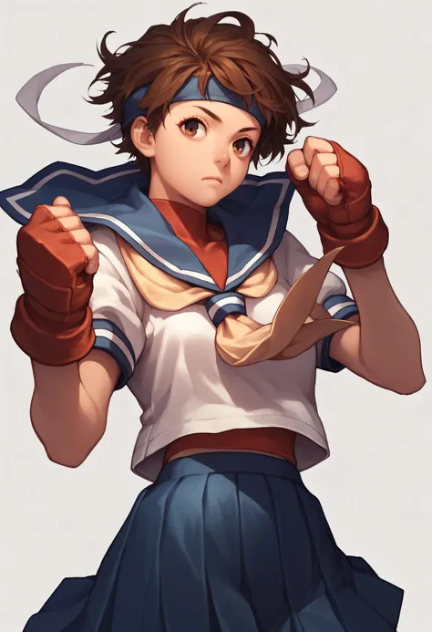 score_9, score_8_up, score_7_up, 1girl, solo, s4kur4, brown hair, short hair, brown eyes, headband, blue sailor collar, school uniform, serafuku, gloves, fingerless gloves, pleated skirt