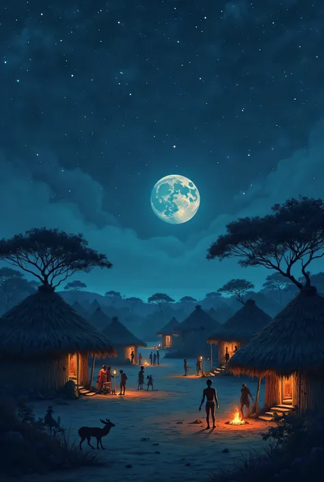 Un ciel nocturne étoilé, avec une lune pleine illuminant légèrement un village africain traditionnel.