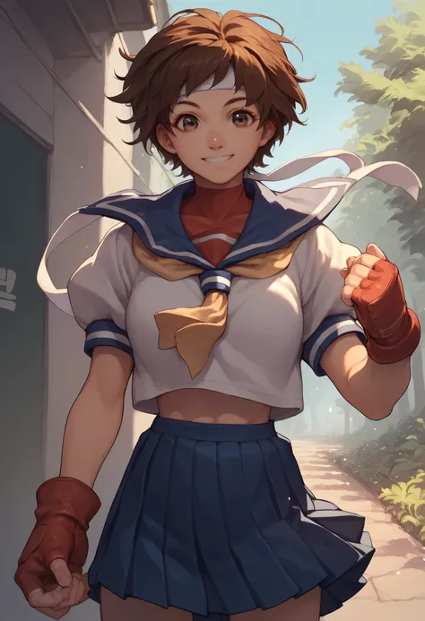 score_9, score_8_up, score_7_up, 1girl, solo, s4kur4, brown hair, short hair, brown eyes, headband, blue sailor collar, school uniform, serafuku, gloves, fingerless gloves, pleated skirt, looking at viewer, smile, cowboy shot, outdoors
