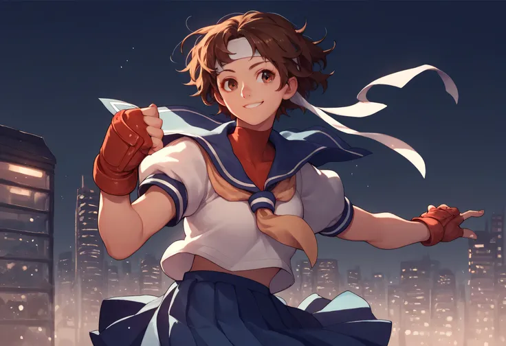 score_9, score_8_up, score_7_up, 1girl, solo, s4kur4, brown hair, short hair, brown eyes, headband, blue sailor collar, school uniform, serafuku, gloves, fingerless gloves, pleated skirt, smile, city night background