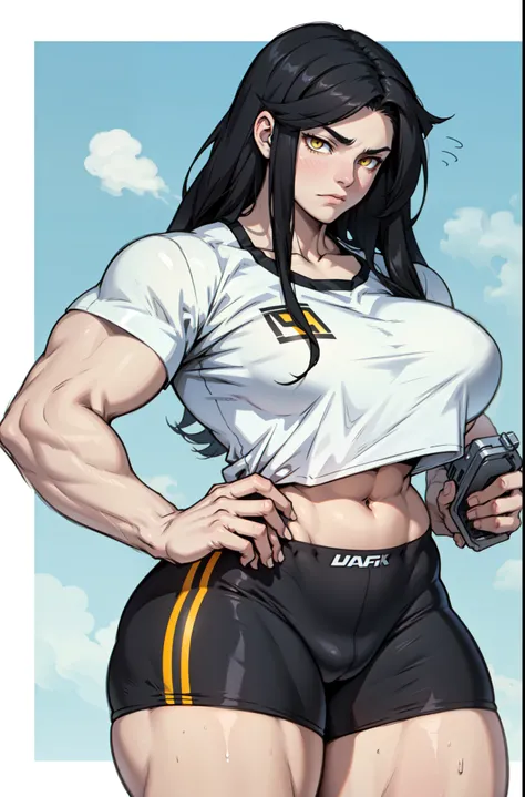 huge muscles big breasts black hair yellow eyes pale skin striped top bike shorts sad empty eyes embarrassed