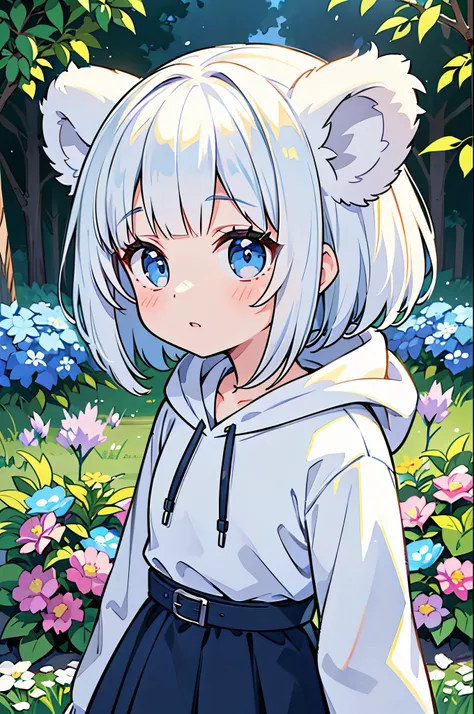 He is wearing a white hoodie with bear ears on the hood.、Light blue eyes、Light blue bob cut、The clothes come with a badge.。White skirt and blue belt、Calm girl