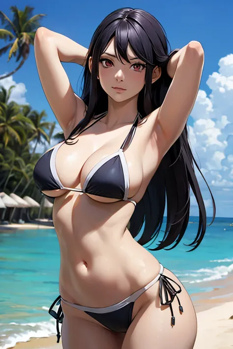 Ultear, wearing a bikini, in a beach, sexy pose, standing, showing her armpit
