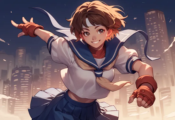 score_9, score_8_up, score_7_up, 1girl, solo, s4kur4, brown hair, short hair, brown eyes, headband, blue sailor collar, school uniform, serafuku, gloves, fingerless gloves, pleated skirt, smile, city night background
