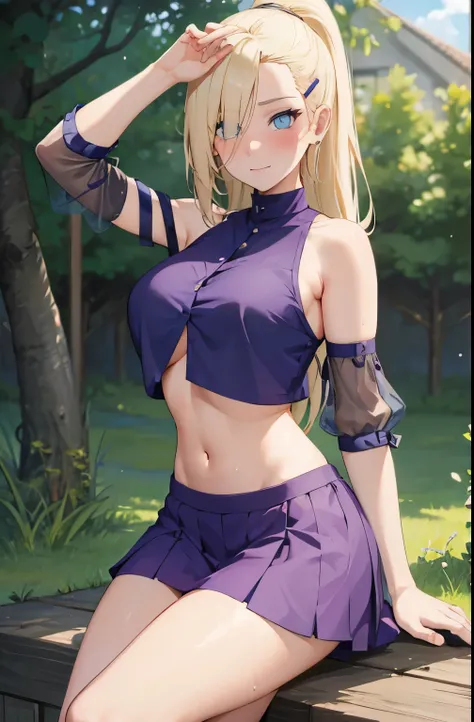 (masterpiece), best quality, expressive eyes, perfect face, 1 girl, solo, yamanaka ino, blonde hair, blue eyes, purple crop top, separate sleeves, purple skirt, mesh sleeves, meshes, outdoors, natural lighting, full body, portrait, looking at viewer, horny...