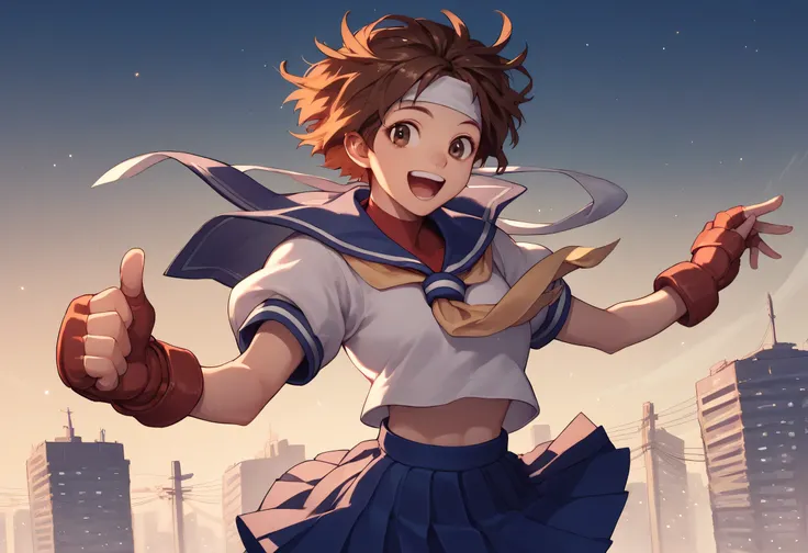 score_9, score_8_up, score_7_up, 1girl, solo, s4kur4, brown hair, short hair, brown eyes, headband, blue sailor collar, school uniform, serafuku, gloves, fingerless gloves, pleated skirt, happy, city night background