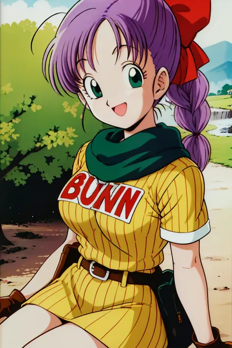 1990s\(  style\)、1990sアニメセル画 style、Best Quality、Hi-Res、( big eyes:1.2)、1 girl、、is embarrassing、smile、( Big Breasts:1.2)、、masterpiece、 Best Quality、( 1 girl:1.4)、masterpiece、Best Quality、Hi-Res、slender,busty,blmponytail、 purple hair 、hair bow、braided ponyta...