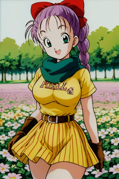 1990s\(  style\)、1990sアニメセル画 style、Best Quality、Hi-Res、( big eyes:1.2)、1 girl、、is embarrassing、smile、( Big Breasts:1.2)、、masterpiece、 Best Quality、( 1 girl:1.4)、masterpiece、Best Quality、Hi-Res、slender,busty,blmponytail、 purple hair 、hair bow、braided ponyta...