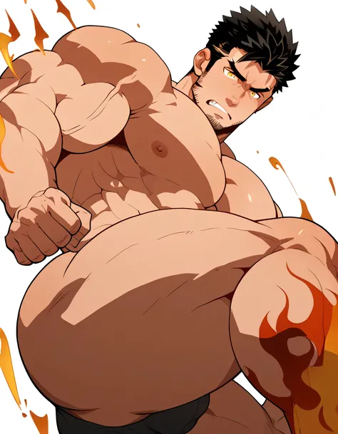 score_9,score_7_up,score_6_up,score_5_up,score_4_up,zabaniyya \(housamo\), muscular, 1boy, male focus, bara, thick thighs, muscular male, stubble, solo, facial hair, thighs, nude, bodysuit, pectorals, black hair, yellow eyes, frown, large pectorals, mature...