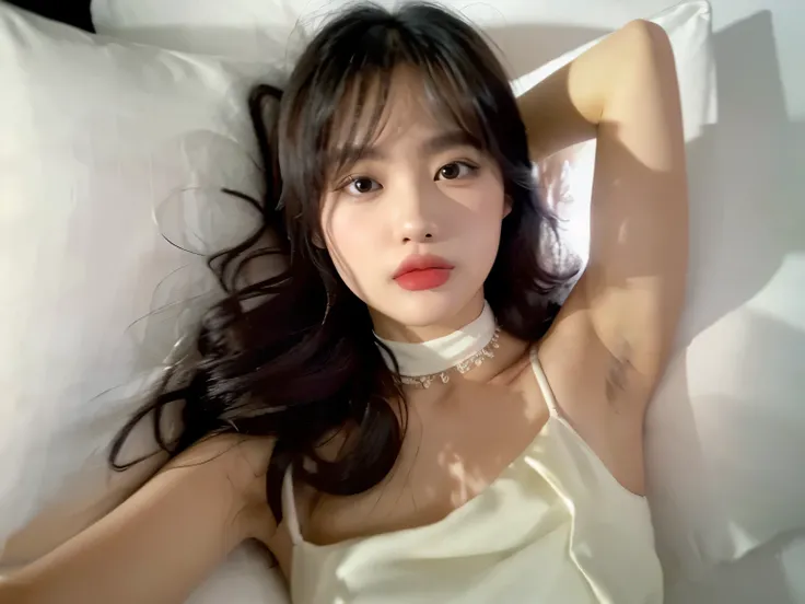 ((( Rose))),(detailed face),  Vivid ,My upper lip is chubby,sleeveless turtleneck white silk dress with chubby upper lip,4K , Ultra High Precision ,(  photorealistic on the bed: 1.7), white black , long hair,