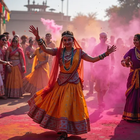 Generate a 4K image of a Holi celebration featuring traditional Rajasthani folk dancers performing in colorful attire. Show the dancers surrounded by a crowd of people throwing colored powder and water. Include traditional musical instruments like dhol and...