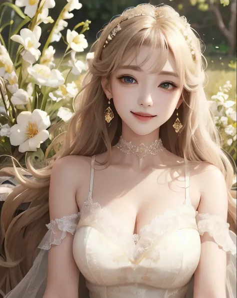 best quality、masterpiece、
  Vivid 、beautiful girl、1 person、 wide double eyelids      、upper body、big eyes、sepia eyes   、long hair、 gold hair、 Gold、((White Lace Dress、Organza))、princess、choker、earrings、Flower Field、 bright、 Vivid 、corolla、 natural smile   