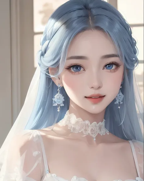 best quality、masterpiece、
  Vivid 、beautiful girl、1 person、double eyelids     、upper body、big eyes、sepia eyes 、long hair、 light blue hair、((White Lace Dress、Organza))、princess、Angel、wing、choker、earrings、corolla、 natural smile   