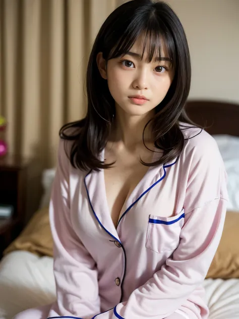 (Best-quality, Masterpiece, Ultra High Resolution, (Photorealistic:1.4), Raw Photo, depth of field, professional lighting, perfect anatomy, extremely details),  
1girl, 15-years-old, the most famous Japanese idol, ((wearing most realistic pajamas, adorable...