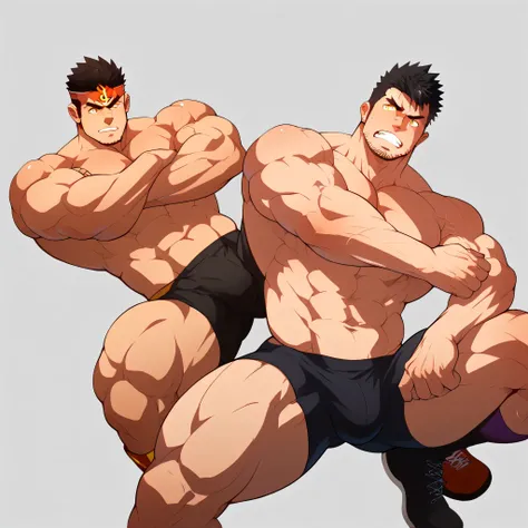 score_9,score_7_up,score_6_up,score_5_up,score_4_up,zabaniyya \(housamo\), muscular, 2boy, male focus, bara, thick thighs, muscular male, stubble, duo, two boys, facial hair, thighs, nude, bodysuit, pectorals, black hair, yellow eyes, frown, large pectoral...