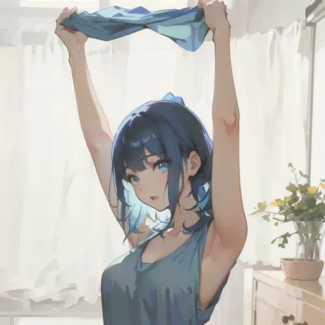 Blue-haired anime girl holding up a blue scarf,  touching her clothes , highly revealing clothing,  Aska suit underwear !, Beautiful anime art, Anime Art with Beautiful Details, Artgerm and Atey Ghailan ,  Smooth Anime CG Art, charming anime girl with gobl...