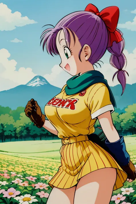 1990s\(  style\)、1990sアニメセル画 style、Best Quality、Hi-Res、( big eyes:1.2)、1 girl、、is embarrassing、smile、( Big Breasts:1.2)、、masterpiece、 Best Quality、( 1 girl:1.4)、masterpiece、Best Quality、Hi-Res、slender,busty,blmponytail、 purple hair 、hair bow、braided ponyta...