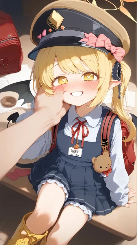 score_9, score_8_up, score_7_up, GwenSDXL,1loli, small breast, skinny, young, petite, ibuki-default,
ibuki \(blue archive\), yellow eyes,blonde hair,side ponytail,halo,hair ribbon,pointy ears,halo,horns,tail,low wings,pinafore dress,white shirt,white bloom...