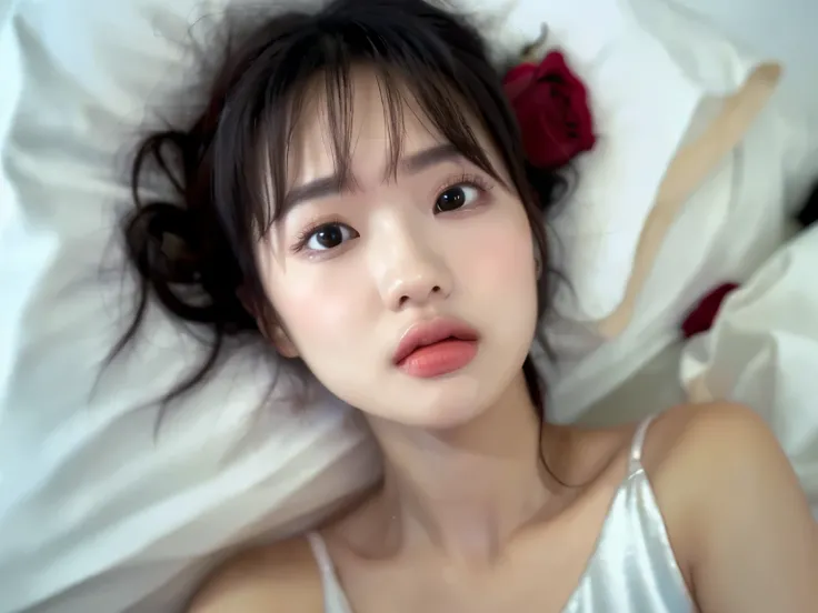 ((( Rose))),(detailed face),  Vivid ,My upper lip is chubby,sleeveless turtleneck white silk dress,4K , Ultra High Precision ,(  photorealistic on the bed: 1.7), white black , long hair,