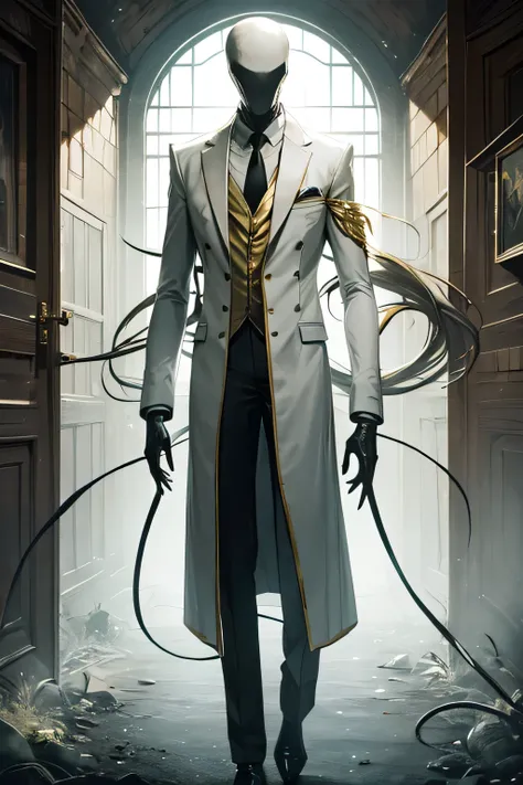 No face monster, Humanoid, man, formal wear, Withe colors, gold color, scarie, Elegant, no Hair, no face, no Eyes, White Suit, Priest, wanderer clothes, medieval, rpg, elegant pose, Dark, evil, scary, apresentation pose, elegant pose