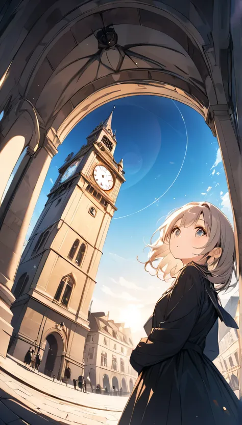 ((Picture books))、High contrast、(8k, Highest quality)、Ultra-high resolution、adorable、Highest quality, beautiful, Absurd beauty、masterpiece、Best image quality、Clock Tower and Girl Theme、European Landscape、Clock Tower Background、A girl taking a commemorative...