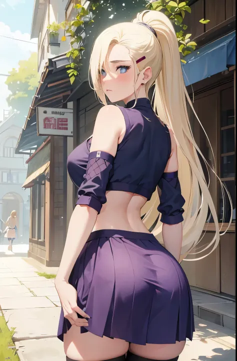 (masterpiece), best quality, expressive eyes, perfect face, 1 girl, solo, yamanaka ino, blonde hair, blue eyes, purple crop top, separate sleeves, purple skirt, mesh sleeves, meshes, outdoors, natural lighting, full body, portrait, (facing away from viewer...