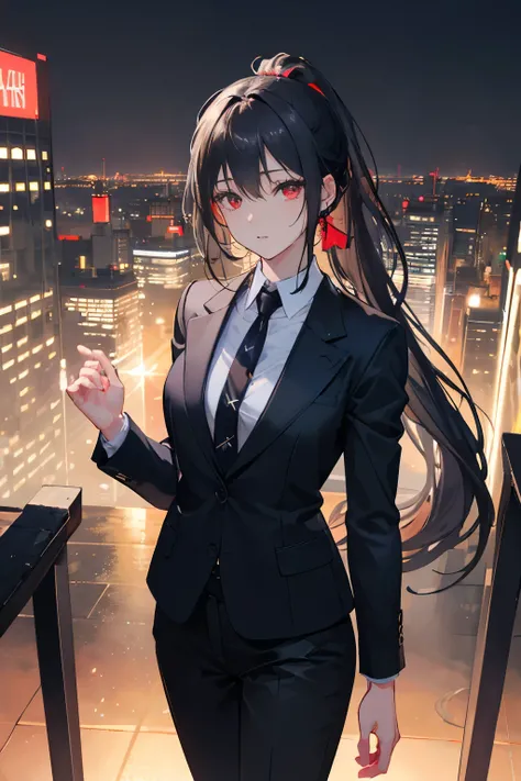 1 girl,long black hair,pony tail,red eyes,wearing black suit,black pants,city,high res,ultrasharp,8k,masterpiece,absurdres,