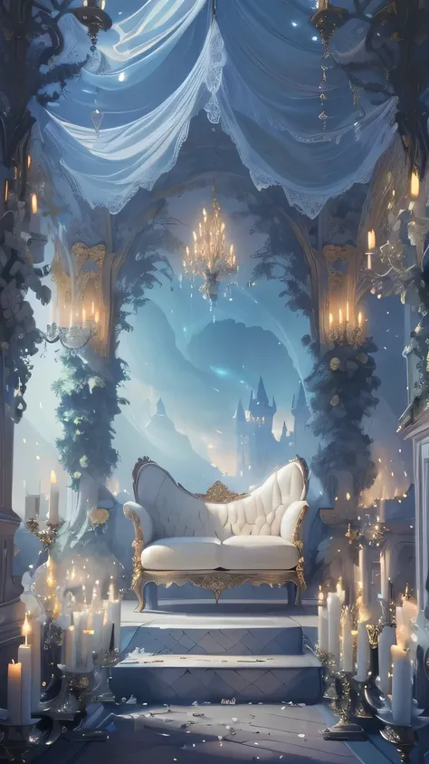 a close up of a couch in a room with candles, fairy tale setting, beautiful render of a fairytale, glamorous setting, stunning arcanum backdrop, dreamy atmosphere and drama, very magical and dreamy, ethereal fairytale, lavish rococo baroque setting, ornate...