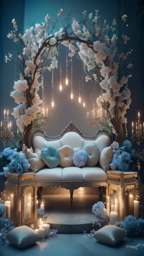 a close up of a couch with candles and flowers on it, dreamy atmosphere and drama, very magical and dreamy, beautiful dreamy lighting, fantasy gorgeous lighting, ethereal and dreamy theme, dreamy and detailed, atmospheric beautiful details, ethereal fairyt...