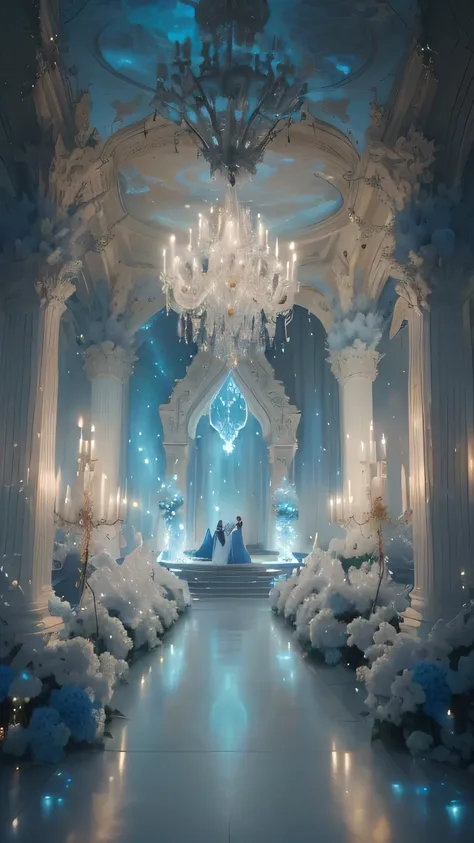 a close up of a wedding ceremony with a white and blue theme, very magical and dreamy, dreamy atmosphere and drama, dramatic dreamlike lighting, ethereal and dreamy theme, ethereal fairytale, stunning arcanum backdrop, dreamy and detailed, a crystalline ro...