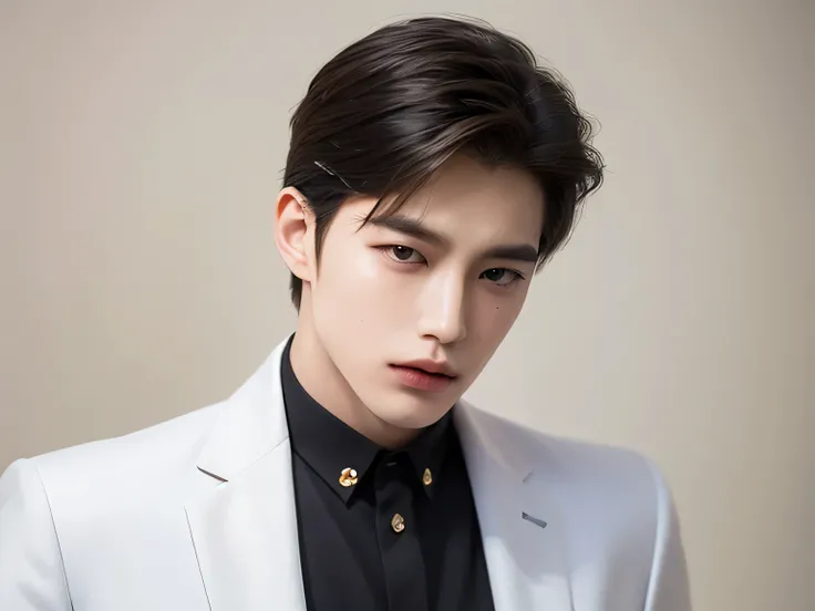 lip, Squint, Left hand grips the tip of the chin, Thoughtful gesture , detective, 20 year old man, Very handsome , Korean Series Stars, White skin, handsome, classic side part hairstyle, black background, Masterpiece, Best Quality, Cool personality , a m...