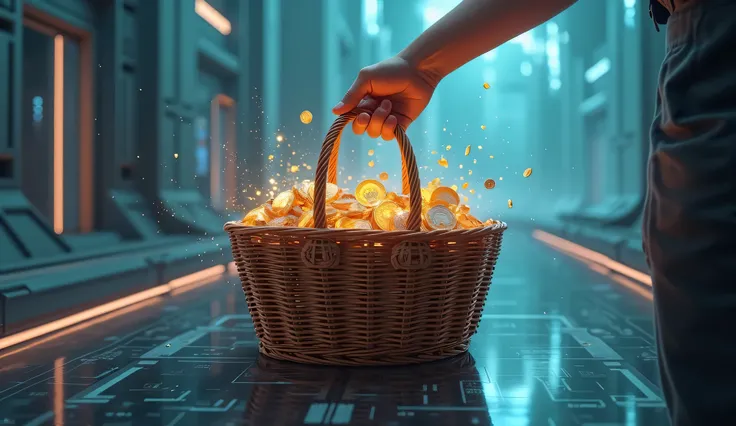 hand holding a hamper with lots of digital assets ascoins in it in a digital space