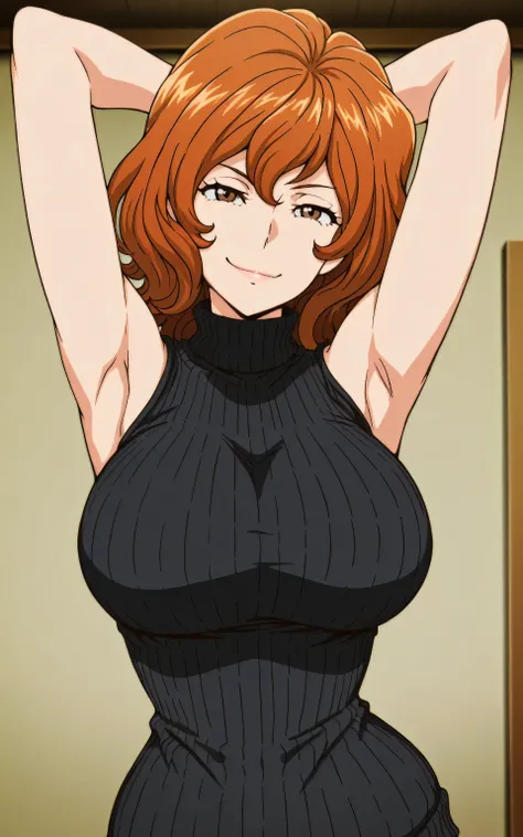 masterpiece, best quality, amazing quality, anime screencap, 1girl, solo, fujiko_mine, brown eyes, black sweater, sleeveless sweater, ribbed sweater, turtleneck, (large breasts:0.4), bare shoulders, arms behind head, armpits, head towards viewer, looking a...