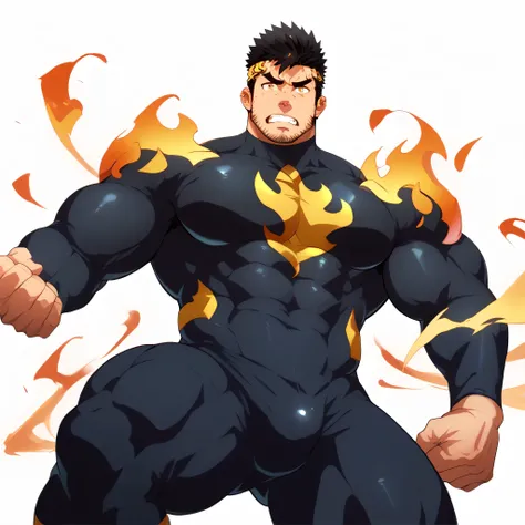 score_9,score_7_up,score_6_up,score_5_up,score_4_up,zabaniyya \(housamo\), muscular, 2boy, male focus, bara, thick thighs, muscular male, stubble, solo, facial hair, thighs, nude, bodysuit, pectorals, black hair, yellow eyes, frown, large pectorals, mature...