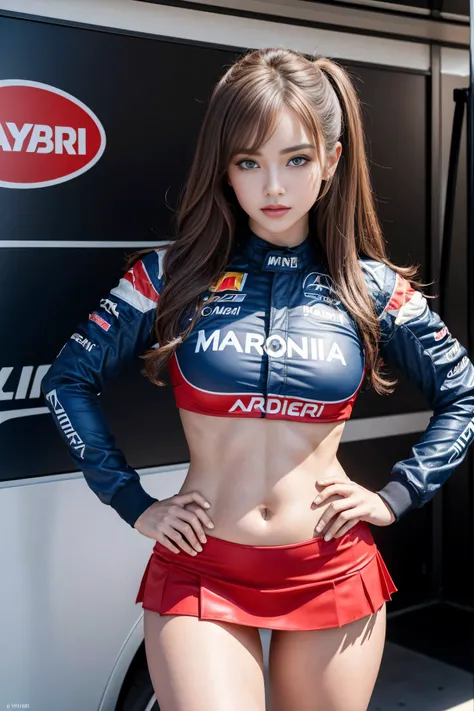 8k,RAW photos, best quality at best,( masterpiece), ( MotoGP Racing Girls), (Eyeliner:0.5),(blush:0.5), Brown hair, a faint smile, Refers to a beautiful and delicate girl, Extremely detailed face ,  beautiful and detailed blue eyes,Double eyelid long lashe...