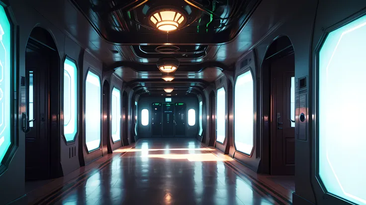 A futuristic interior hallway inside an alien spaceship, blending sleek sci-fi aesthetics with a touch of steampunk. The corridor is even darker, creating a deep, shadowy atmosphere. The metallic walls on both sides are replaced with large, holographic mon...