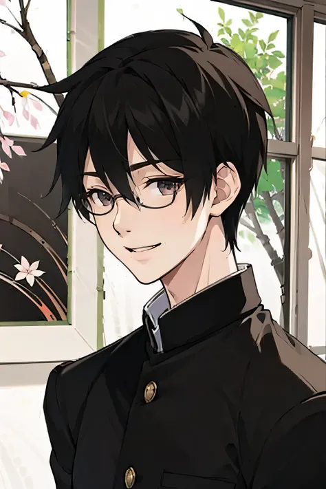 Japanese man handsome smile In the classroom Outside the window is early spring and there is only one cherry tree glasses glasses Shaved head Shaved head skinhead Shaved head Shaved head skinhead Black school run school uniform Black...