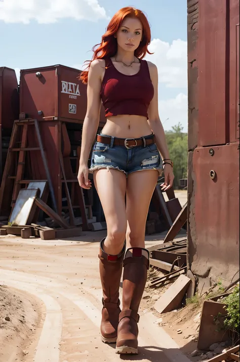 red-haired woman, tanktop, shorts,  heavy boots