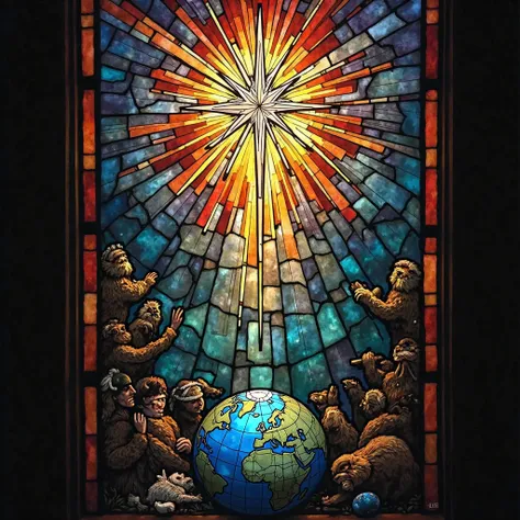 Close-up of a stained glass window showing the Star of Bethlehem as a central object in the heavens being adored by the earth and by life giving hope