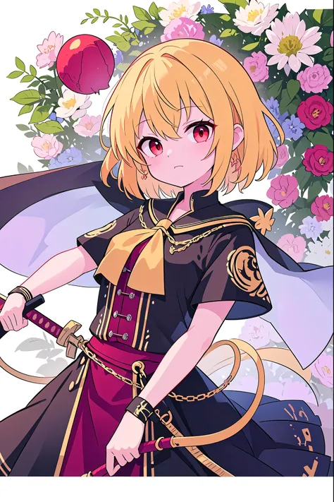 detailed background, masterpiece, Best Quality, Expressive、upper body、１Alone、１By people、１Only people、only girl、Flanders Scarlett, ,  third-tailed yellow hair 、red eyes、 Gold、Short Hair、 short hair、about the age of a female college student、Touhou Project、Co...