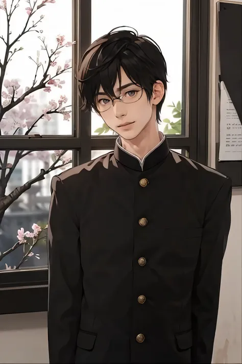 Japanese man handsome short dark-haired adult short cropped smile In the classroom window window windowの外は初春 There is only one cherry tree Black school run school uniform Black school run Shaved head Shaved head Shaved head Shaved head glass...