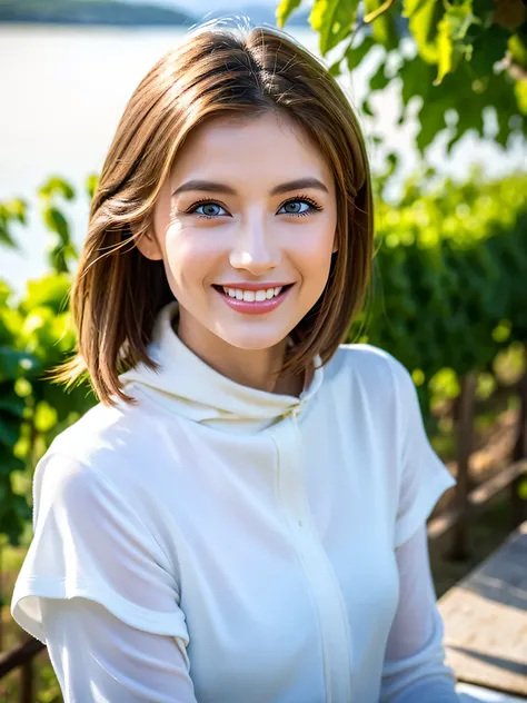 ((White Wine)),((  wine glasses)),(realistic, superrealistic:1.4), 16K HDR, high image quality,((White Wine)),((  wine glasses)),29 years old,Age 31, Japanese beauty ,so beautiful, turtleneck dress、happy smile、  short hair,  best smile、slim couple、Model Co...