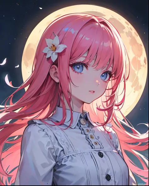  1 girl 、pink hair near MM、long hair、With bangs、sleep、 full moon、long sleeve dress with collar、Hi-Res, Flower Field