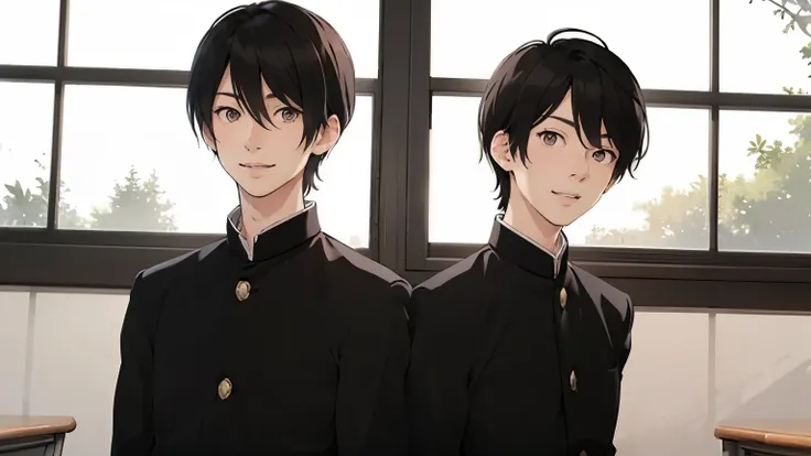 Two Japanese men handsome smile In the classroom window 二人共にBlack school run school uniform Black school run window windowの外は初春 two stand side by side boys love cartoon yaoi