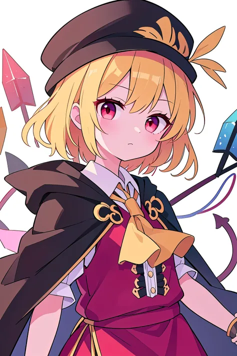 detailed background, masterpiece, Best Quality, Expressive、upper body、１Alone、１By people、１Only people、only girl、Flanders Scarlett, ,  third-tailed yellow hair 、red eyes、 Gold、Short Hair、 short hair、about the age of a female college student、Touhou Project、Co...