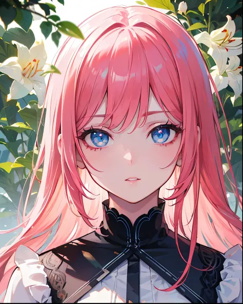  1 girl 、pink hair near MM、long hair、With bangs、eyes、long sleeve dress with collar、Hi-Res, FlowerGarden、lily