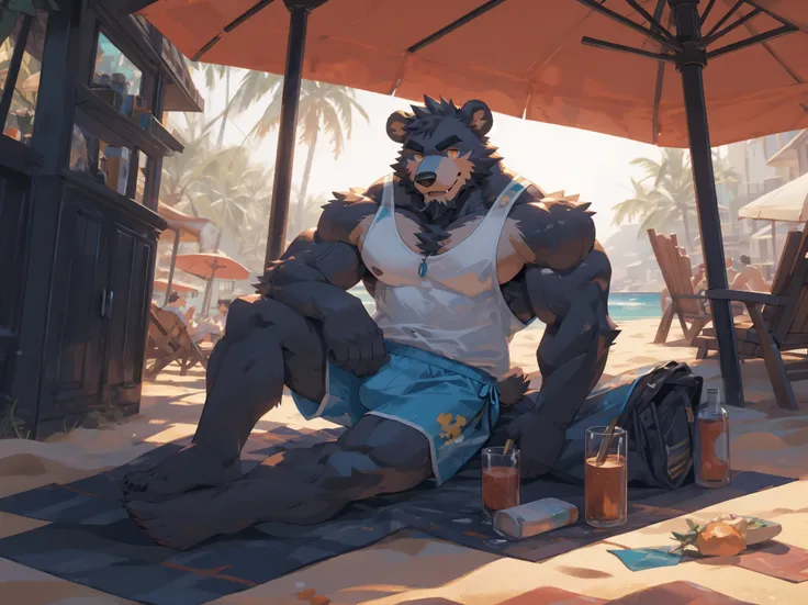 (masterpiece:1.2), best quality,pixiv,official art,perfect anatomy, (Ray tracing, light),solo, (1_male:1.3) , (muscle), (grey fur:1.4), (muscle bear), (beard:1.2), (gleaming golden eyes), bear tail, full body,black eyebrows, Tank top,barefoot,Board shorts,...