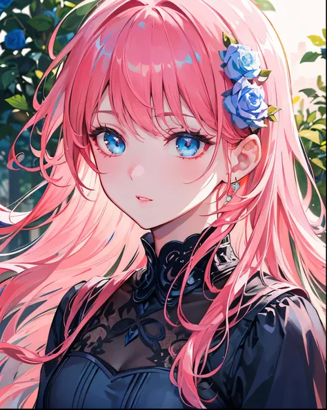  1 girl 、pink hair near MM、LONG HAIR、closeeyes、With bangs、long sleeve dress with collar、Hi-Res, FlowerGarden、BLUEROSE、