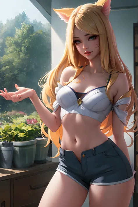 Masterpiece, high quality, kda ahri, ahri, fox hears, blonde, tight shorts, medium breasts, sexy, thick thighs, wide hips, blonde hair, posing, bedroom