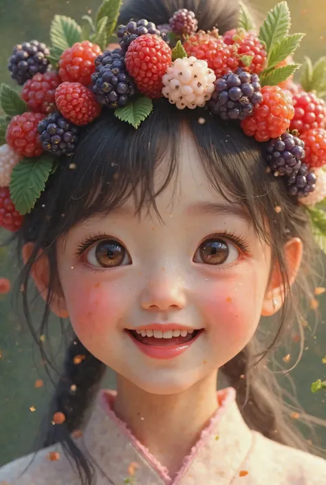 A  Chinese girl has a crown of mixed berries on her head laughing close-up